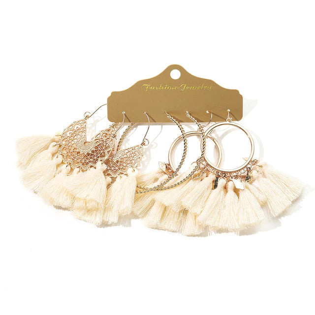 Beige White Tassel Earrings Sets
