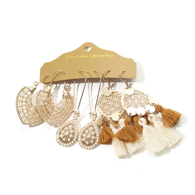 Beige White Tassel Earrings Sets
