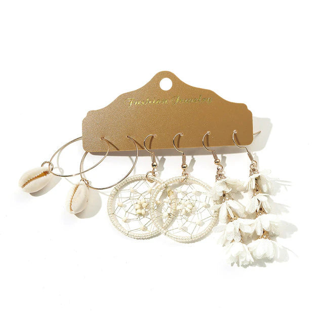 Beige White Tassel Earrings Sets