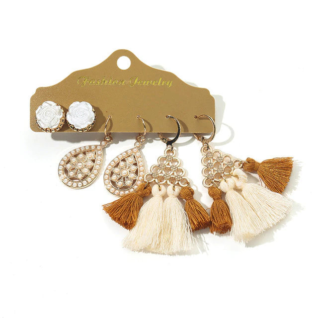 Beige White Tassel Earrings Sets