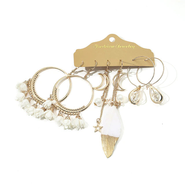 Beige White Tassel Earrings Sets