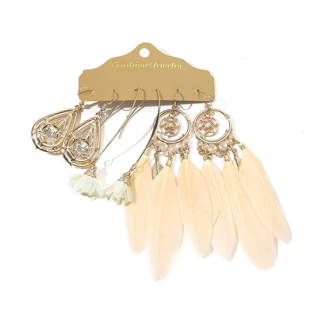 Beige White Tassel Earrings Sets