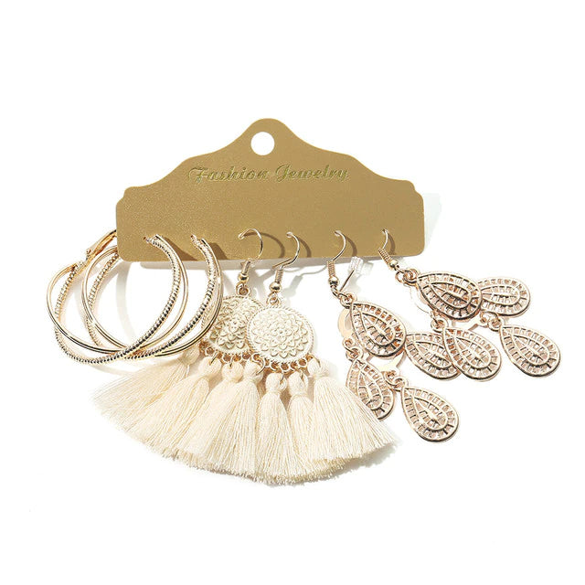 Beige White Tassel Earrings Sets