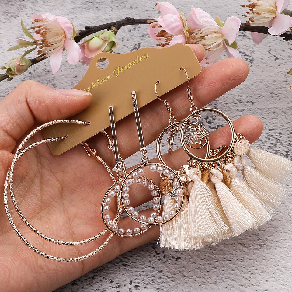 Beige White Tassel Earrings Sets