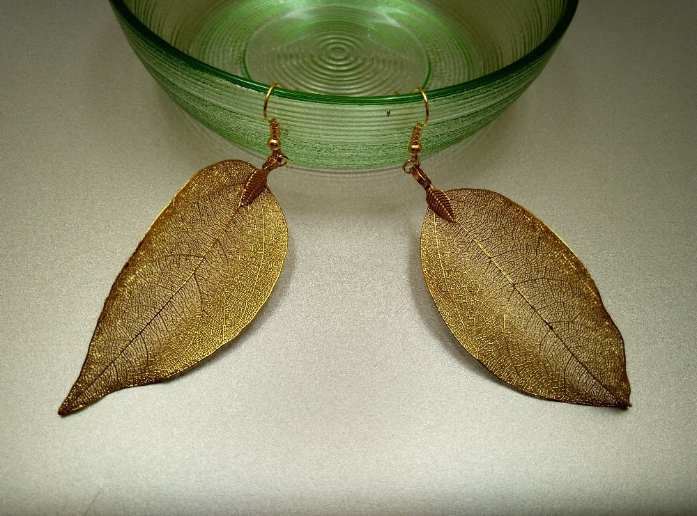Long Gold Colored Leaf Earrings
