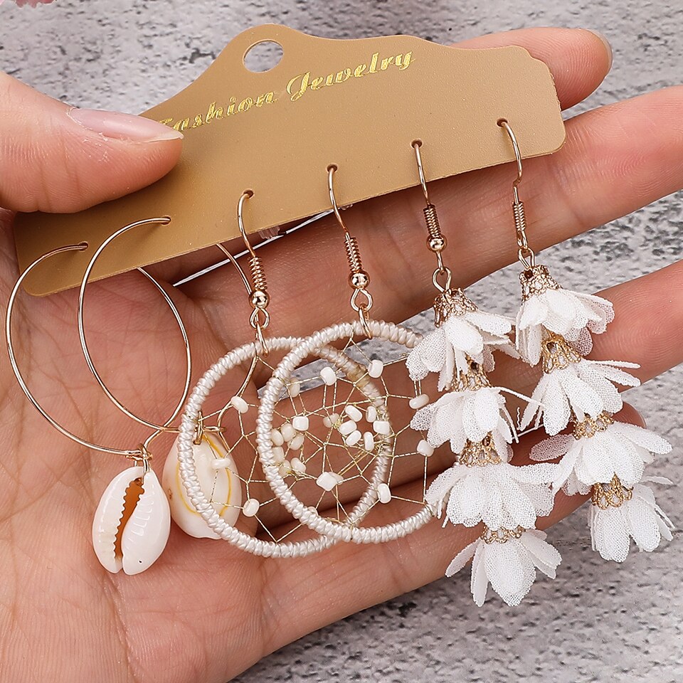 Beige White Tassel Earrings Sets