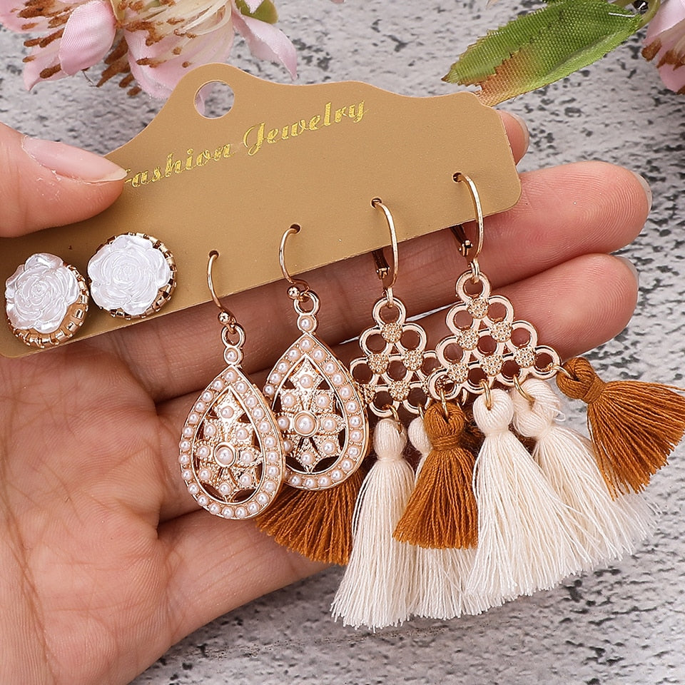 Beige White Tassel Earrings Sets