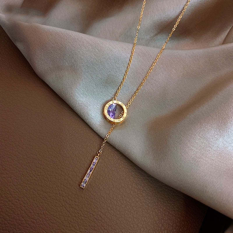 Luxury Roman Digit Titanium Purple Crystal Necklace