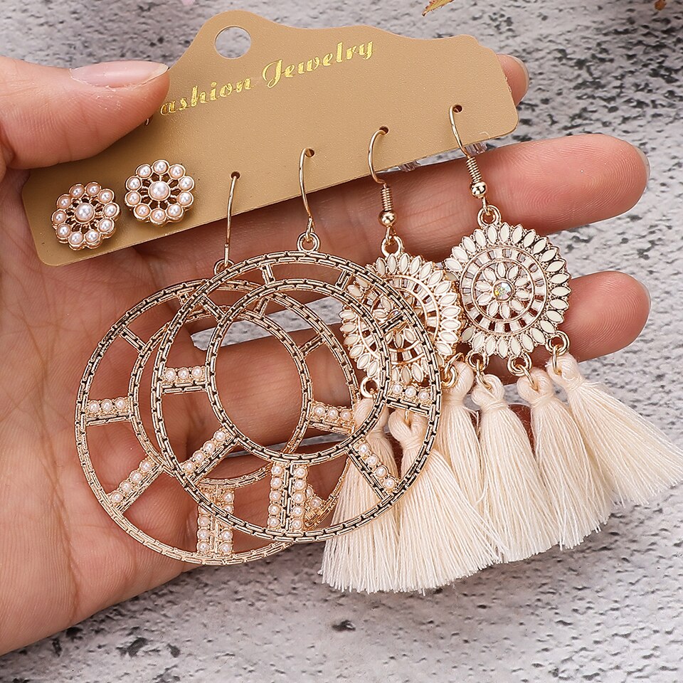 Beige White Tassel Earrings Sets
