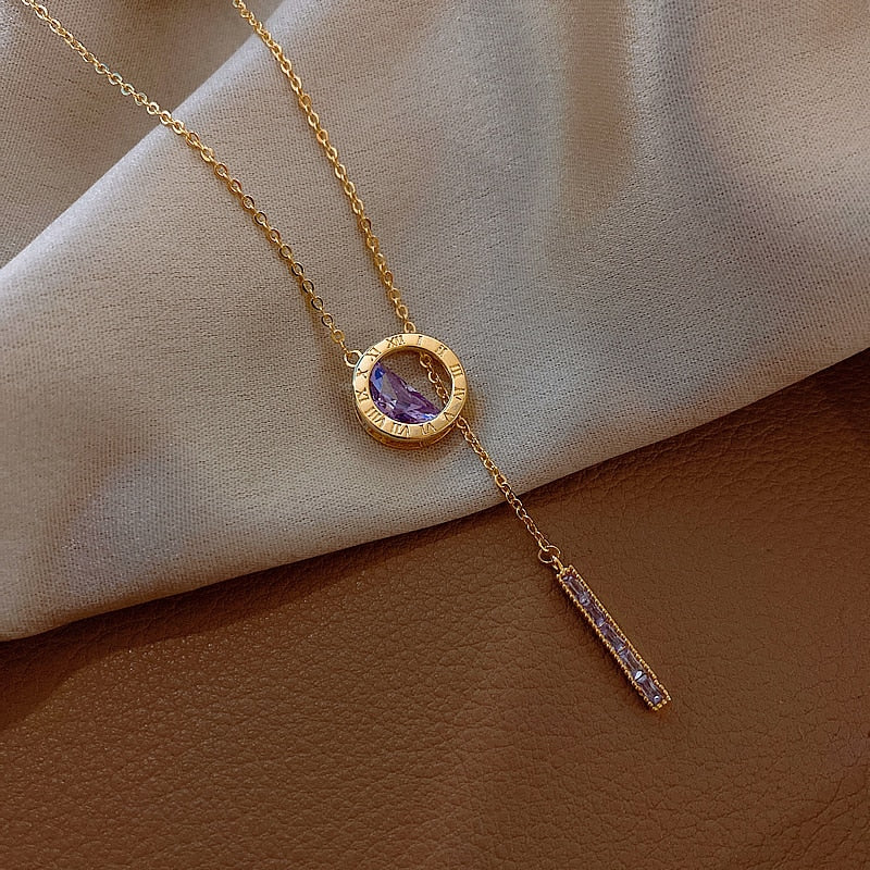 Luxury Roman Digit Titanium Purple Crystal Necklace