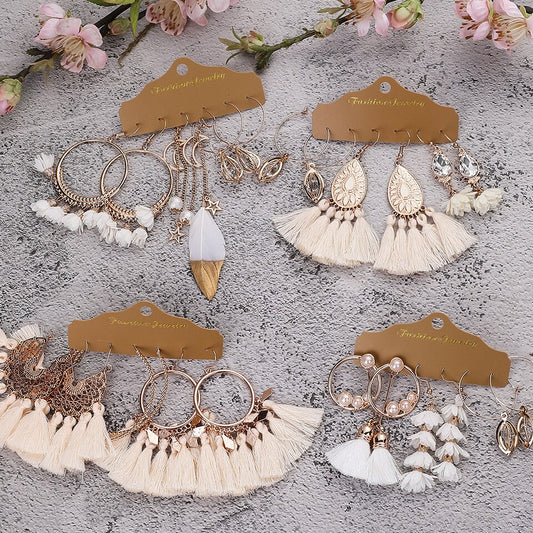 Beige White Tassel Earrings Sets