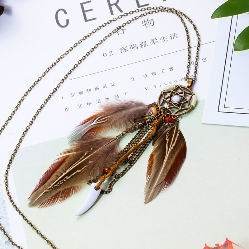 Ethnic Long Chain Feather Pendant Necklace