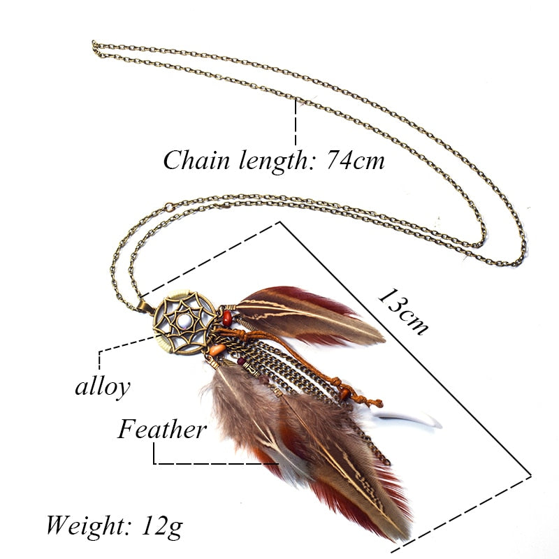 Ethnic Long Chain Feather Pendant Necklace