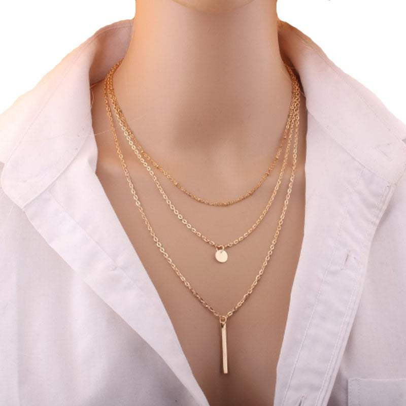 Evelyn 1Pcs Multi Layers Tassels Bar Coin Necklace Clavicle Chains and Charm