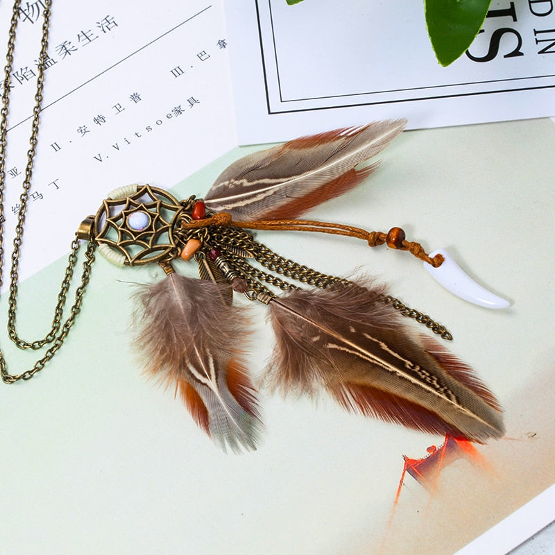 Ethnic Long Chain Feather Pendant Necklace
