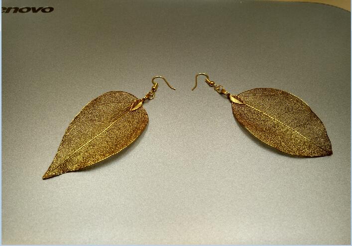 Long Gold Colored Leaf Earrings