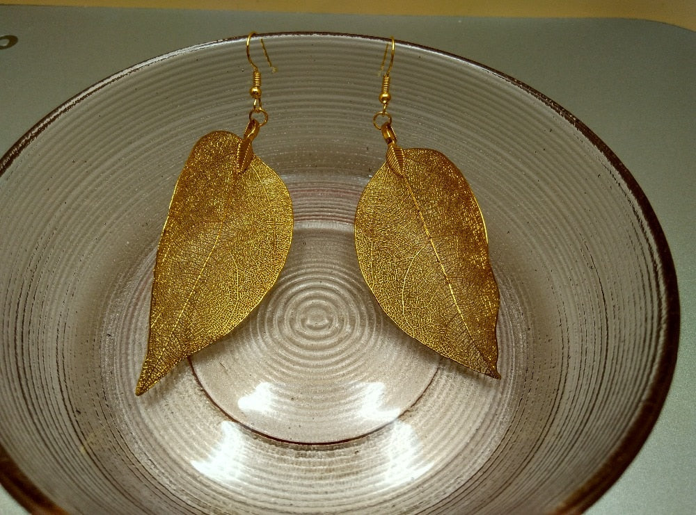 Long Gold Colored Leaf Earrings