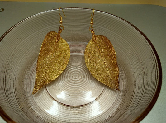 Long Gold Colored Leaf Earrings